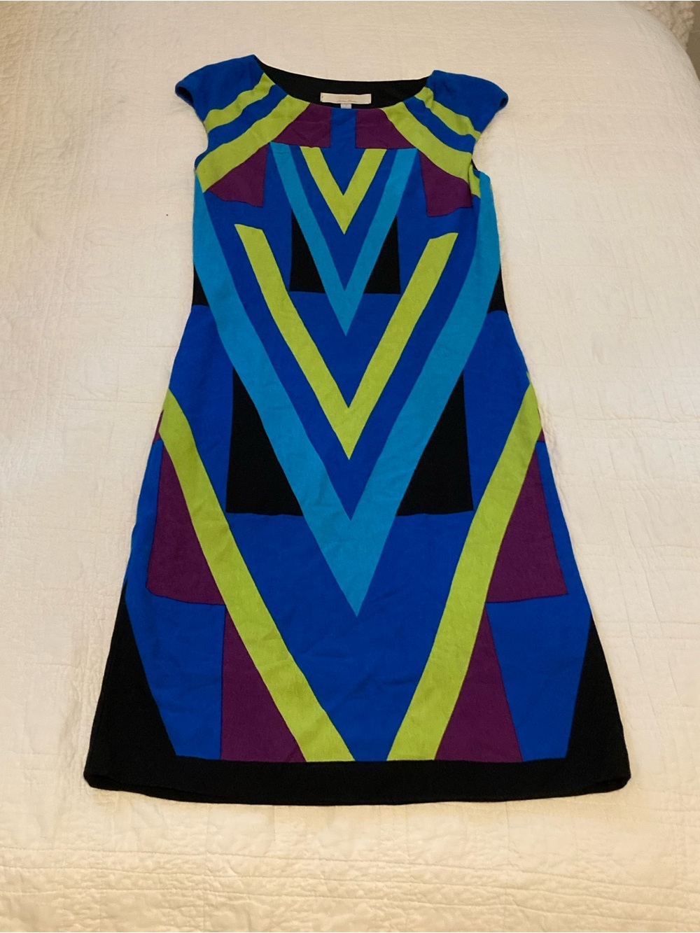 Aidan by Aidan Mattox Blue, Lime & Purple Geometric Shift Dress Size 0 EUC